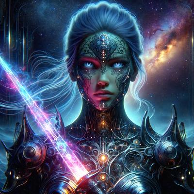 The primary subject of the image is a woman with blue eyes, wearing a futuristic outfit and holding a sword. The setting is a space-themed environment, with a backdrop of stars and a galaxy in the background. The visual style is digital art, with the woman's face and the sword being the main focus of the image. The colors are predominantly blue and purple, creating a futuristic and otherworldly atmosphere.